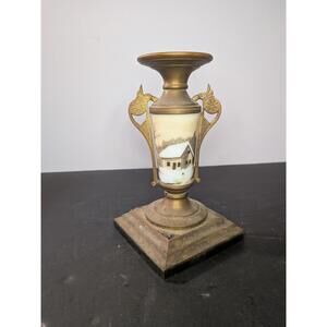 Vintage Decorative Brass and Porcelain Vase with Scenic Artwork